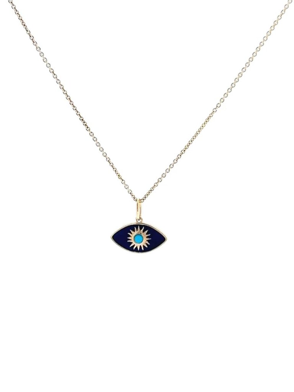 Sydney Evan 14K Gold & Enamel Sunburst Evil Eye Charm Navy/Turquoise Necklace